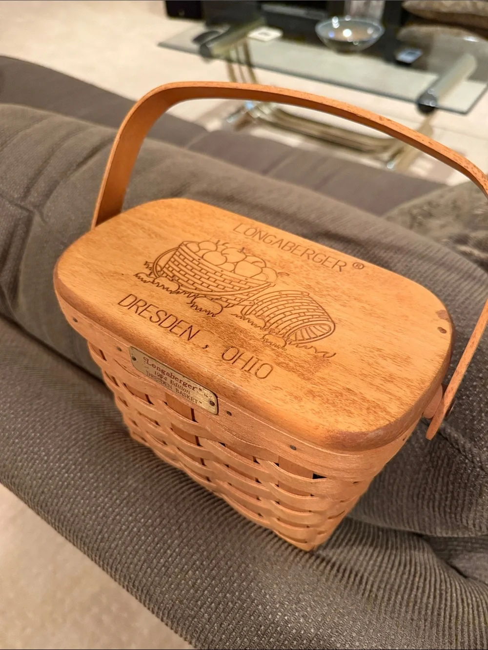 Longaberger Natural Brown Wood Handled Basket with Dresden Ohio Engraving